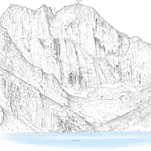 The Diamond and Chasm Lake, Longs Peak, Colorado, line illustration.