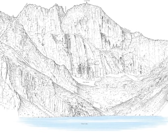 The Diamond and Chasm Lake, Longs Peak, Colorado, line illustration.