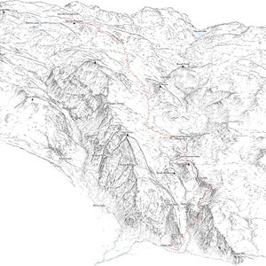 Little Yosemite Valley, Half Dome and the John Muir Trail. Elevated line illustration detailing these classic landscape features.