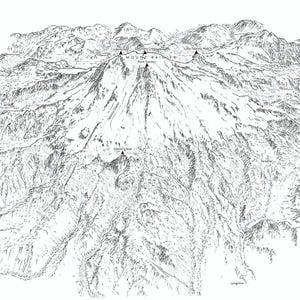 レーニア山、カスケード山脈。南側を示す線図 - すべてのルートに注釈を付けることができます。
