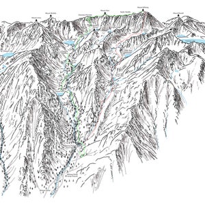 Mount Whitney, California. Line illustraion detailing the Mount Whitney Trail and the Mountaineers Route.