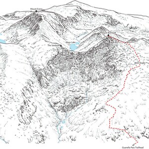 Monte Bierstadt, mapa 3D que detalla la ruta West Slopes desde Guanella Trailhead