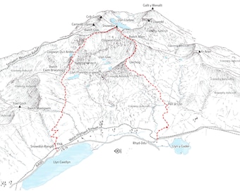Snowdon tramite il sentiero Rhyd-Ddu e lo Snowdon ranger Path. Illustrazione al tratto molto dettagliata.