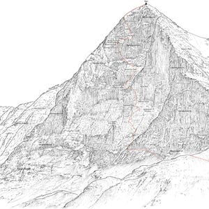 Cara Norte del Eiger... Ilustración de la línea que detalla toda la Nordwand.
