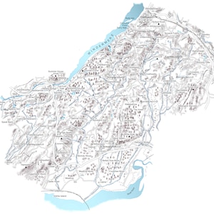 May include: A detailed black and white map of the Lake District in England, showing the location of various towns, villages, and landmarks. The map is overlaid with a light blue colour to represent the water bodies.