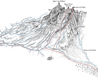 Bruach na Frithe via the Northwest Ridge and Fionn Choire. Line illustration detailing the classic scramble.