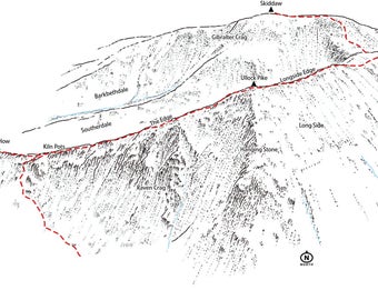 Skiddaw, line illustration showing the route along Longside Edge.