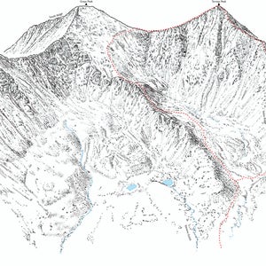 Puede incluir: Un dibujo en blanco y negro de una cordillera con un sendero de línea discontinua roja que serpentea por los picos. El sendero comienza en la cima de la montaña a la derecha y desciende hasta la parte inferior de la imagen. Hay dos pequeños lagos azules en el valle debajo del sendero.
