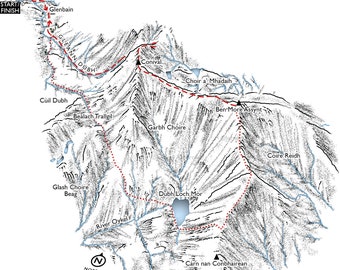 Ben More Assynt and Conival, Assynt, Northwest Highlands. Line illustration detaing these remote summits.