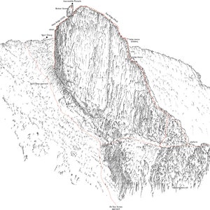 The Inaccesible Pinnacle, Sgurr Dearg, The Cuillin Ridge on the Isle of Skye. Line illustration.