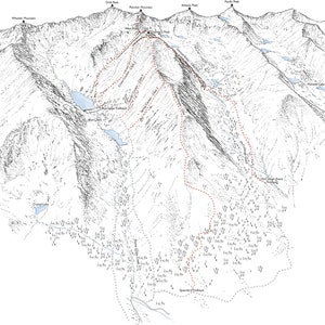 Quandary Peak western view, Colorado, line illustration detailing the standard East Ridge approach.