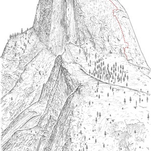 Op de afbeelding: Een zwart-witte lijntekening van een berg met een rode stippellijn die een klimroute aangeeft. De berg is omringd door bomen.