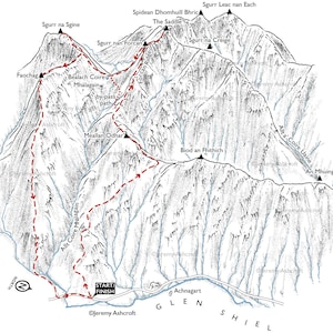 The Saddle and Sgùrr na Sgine via Forcan Ridge, Glen Shiel. Line illustration of the classic mountain route.