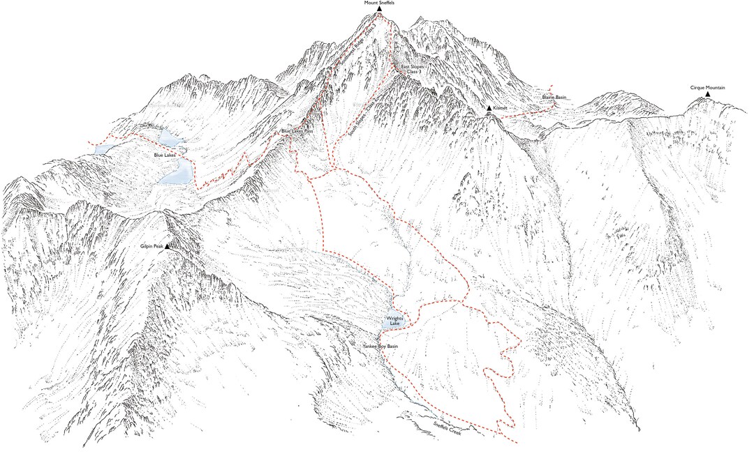 Mount Sneffels (14ers), Line Illustrtaion Showing the Standard