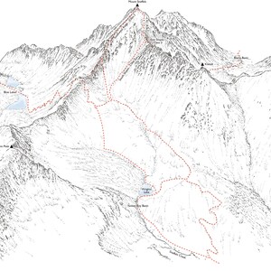 Mount Sneffels (14ers), line illustrtaion showing the standard route from Yankee Boy Basin