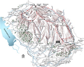 Skiddaw, Keswick Lake District. Overview line illustration detailing the whole mountain.