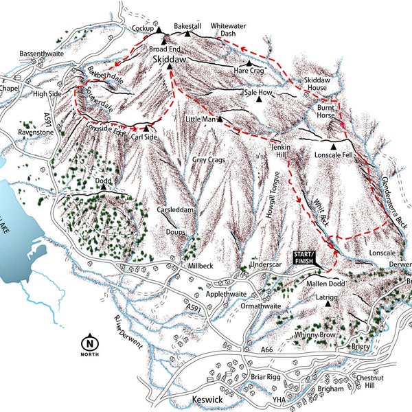 Skiddaw, Keswick Lake District. Overview line illustration detailing the whole mountain.