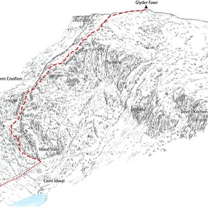 May include: A detailed map showing a mountainous landscape with contour lines and geographical labels. The map includes the names "Glyder Fawr", "Devil's Kitchen", and "Cwm Idwal", with a dotted red line indicating a path or route.