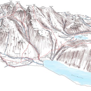 Scafell Pike, Scafell y Wasdale Head, Distrito de los Lagos. Ilustración lineal que detalla los principales senderos.