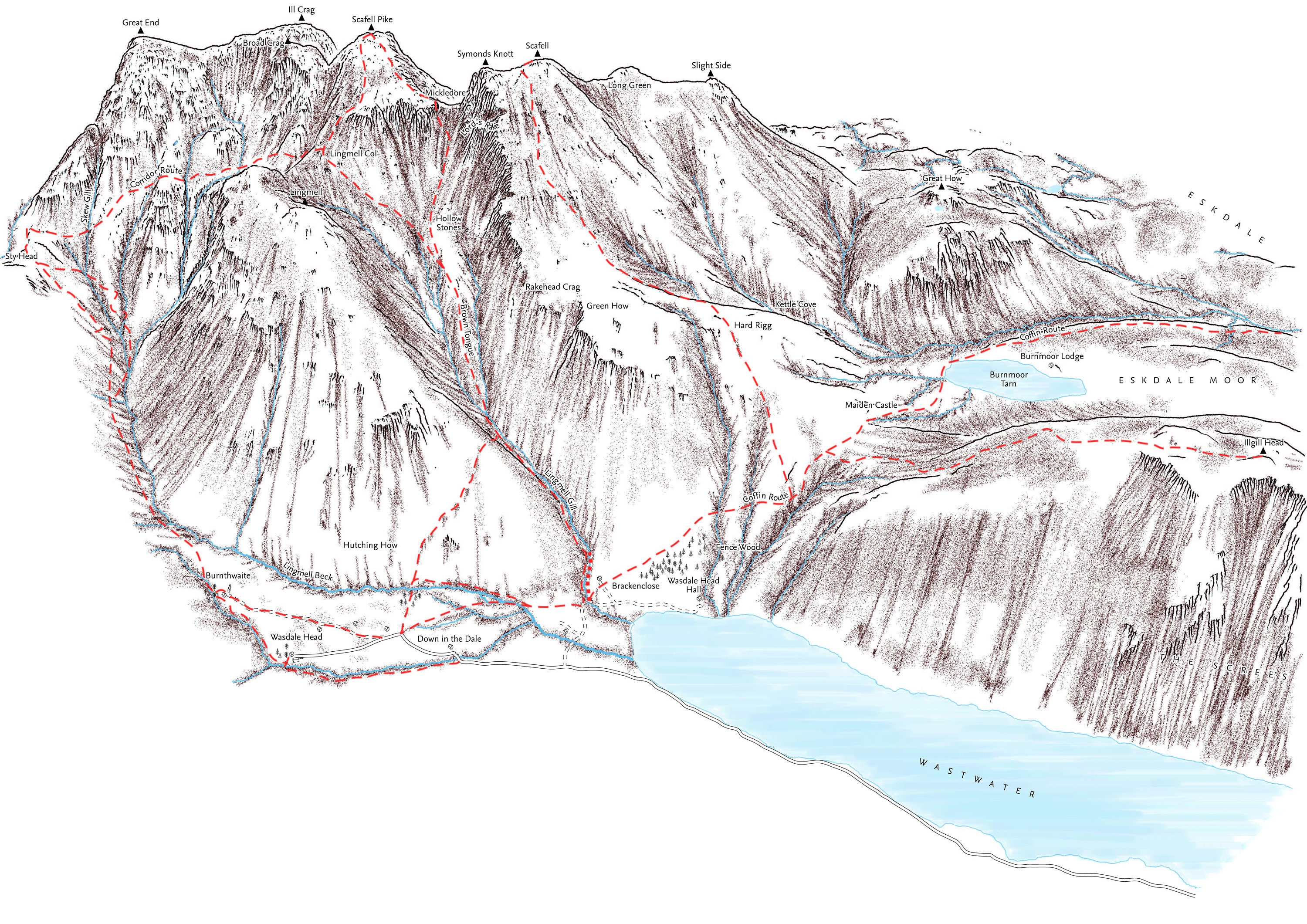 Scafell Pike Routes Map Scafell Pike Scafell And Wasdale Head Lakes District. Line | Etsy