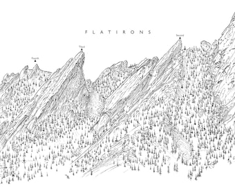 Flatirons, Boulder. Line illustration detailing the iconic rock formation.
