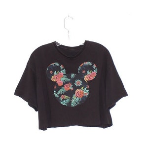 TROPICAL MICKEY TEE mickey mouse shirt disney shirt hawaiian shirt flowers mickey ears graphic tee crop top black cropped tshirt summer top