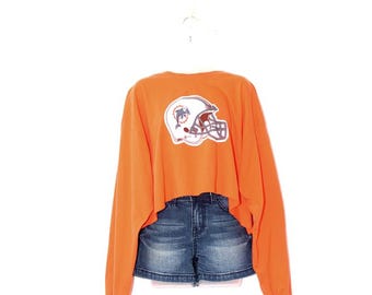 Vintage 90s Miami Dolphins Cropped Jersey – Orange Raw Hem – Grunge Sporty Style