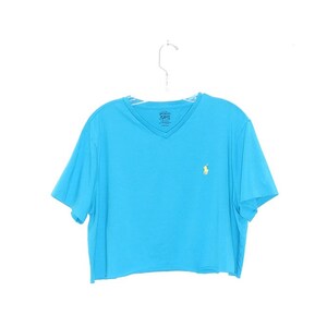 90s RALPH LAUREN polo crop top EMBROIDERED horse logo tee cropped shirt blue aqua turquoise vsco girl tshirt preppy branded tee