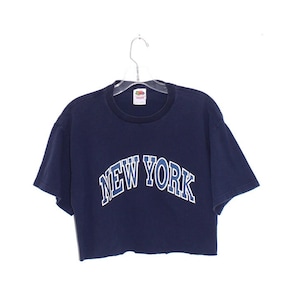 NEW YORK shirt 90s style spell out lettering blue tone STATE shirt cropped tshirt crop top graphic tee sporty athletic streetwear