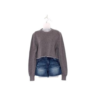 May include: A gray cropped sweater with long sleeves and a frayed hemline, paired with denim shorts. The shorts are a dark wash with a classic five-pocket design. The outfit is displayed on a white hanger against a white background.