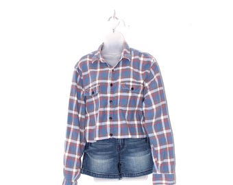 Vintage Y2K Cropped Flannel Shirt – Blue Pink Plaid Raw Hem – Grunge Streetwear