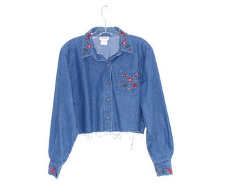 90s EMBROIDERED LEAF denim shirt cropped button down womens clothing fall autumn winter crop top jean jacket cottage core festival blouse