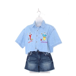 Vintage Embroidered  Cropped Denim Shirt
