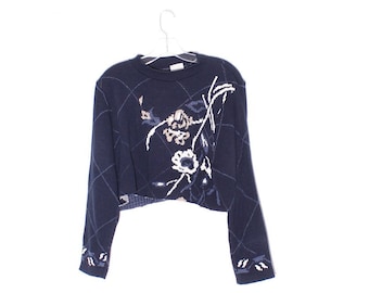 vintage 80s 90s FLORAL SWEATER flower knit sweater 90s crop top cropped sweater jumper blue tones oversized sweater pullover raw hem sweater