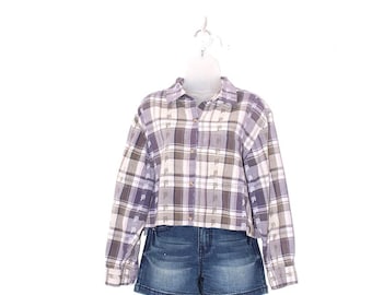 Vintage Y2K Cropped Purple Plaid Shirt – Palm Tree Embroidery Button Front – Grunge Aesthetic Top