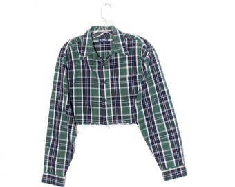 plaid shirt 90s crop top preppy western shirt flannel 90s grunge cropped oversized shirt button up long sleeve frayed raw hem free size