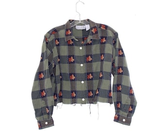 plaid FALL FLANNEL crop top maple LEAF embroidered pattern autumn game day clothing cropped top blouse women&#39;s button down shirt jacket