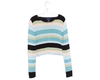 Small to Medium 80s Striped Sporty Cropped Sweater Vintage V Neck Knit Pullover Jumper