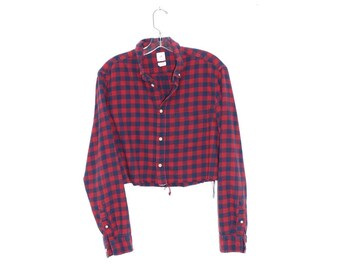 90s FLANNEL CROP TOP Cropped Plaid Shirt Red Navy Blue