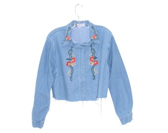 90s y2k EMBROIDERED denim shirt FLORAL flower sequin cropped button down womens clothing crop top jean jacket cottage core festival blouse