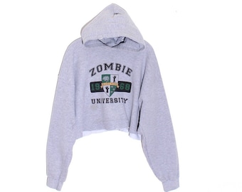ZOMBIE cropped hoodie sporty athletic university college ironic hipster hooded sweatshirt jumper crop top sweater pullover 90s clothing