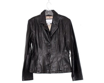 Wilsons vintage BLACK LEATHER Jacket Blazer Moto Biker Jacket / genuine leather womens leather trench coat motorcycle jacket
