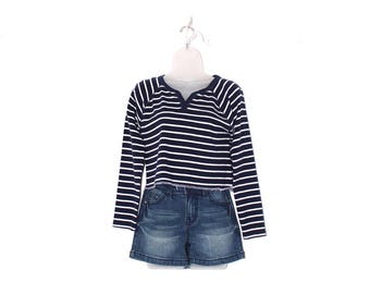 Vintage Y2K Striped Long Sleeve Shirt – Navy White Split Neck – Minimalist Preppy Top
