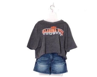 Oklahoma State Cowboys OSU Crop Top – Charcoal Gray Oversized Short Sleeve – Vintage Sports College Tee