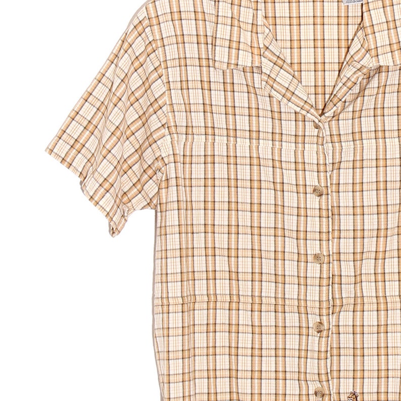 SAFARI ANIMAL blouse PLAID checkered button up short sleeve shirt neutral earth tones embroidered art mom floral flower graphic 80s 90s y2k
