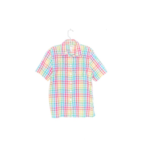 80s 90s PASTEL checkered BLOUSE rainbow plaid str… - image 1