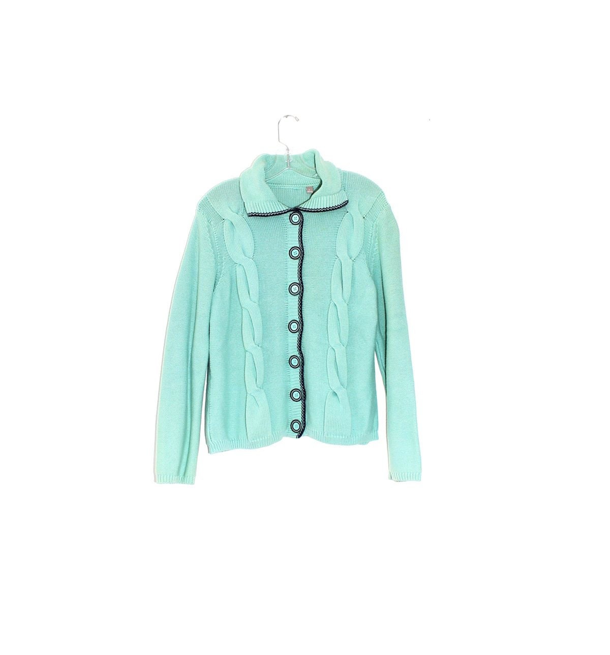 hellotommyshop Vintage Seafoam Green Cardigan Sweater Cable Knit Sweater Contrast Trim Button Up Long Sleeve Sweater Jumper Sweater Jacket Shirt Collar