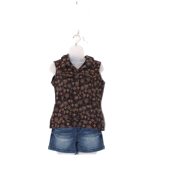 GEOMETRIC pattern VEST blouse snap button sleevel… - image 1