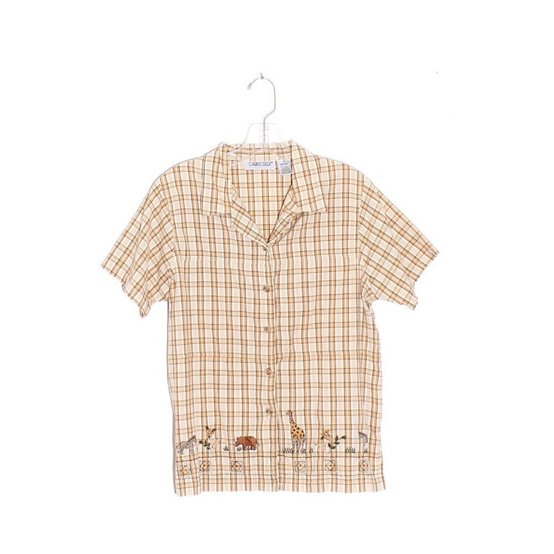 SAFARI ANIMAL blouse PLAID checkered button up short sleeve shirt neutral earth tones embroidered art mom floral flower graphic 80s 90s y2k