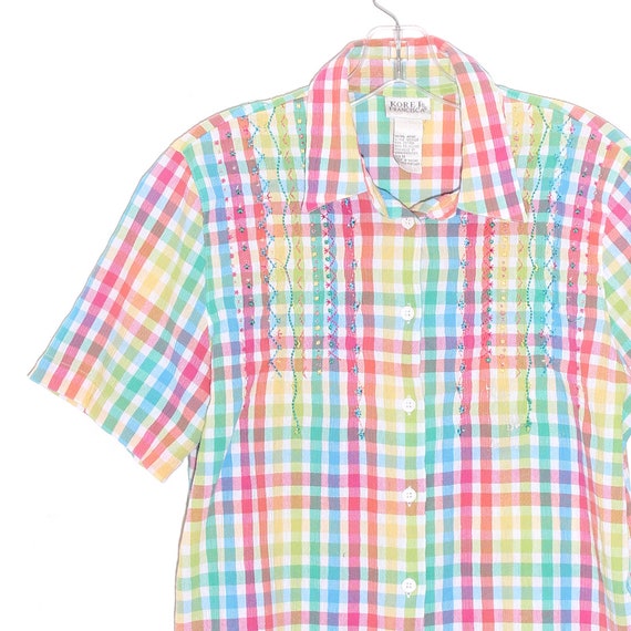 80s 90s PASTEL checkered BLOUSE rainbow plaid str… - image 2